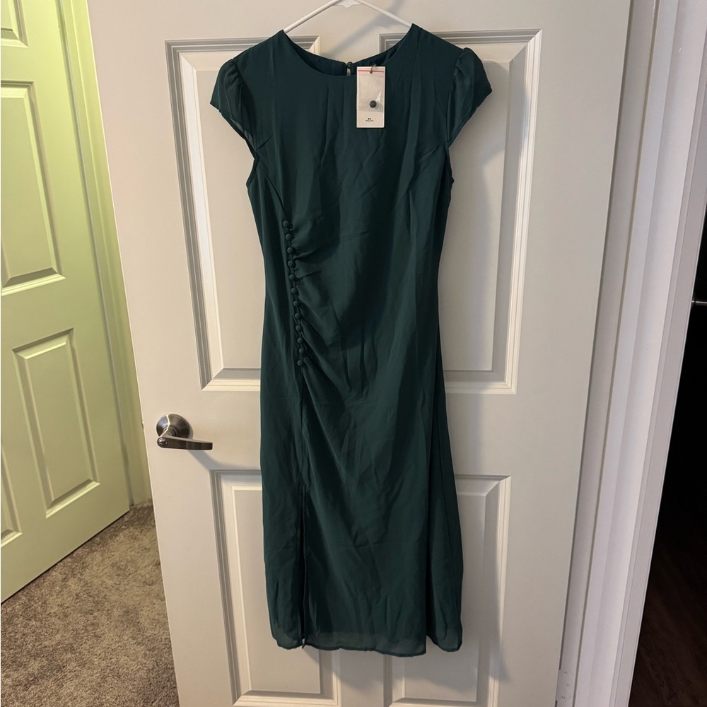 RIHOAS Green Cap Sleeve Button Midi Dress